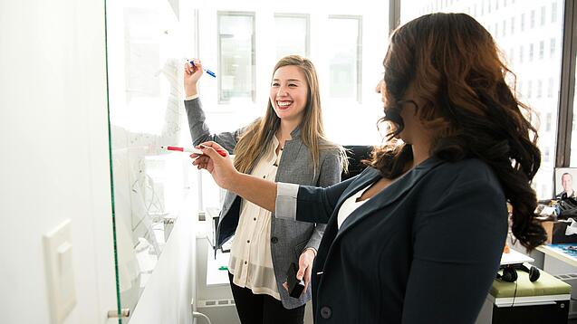 Zwei Frauen arbeiten an einem Whiteboard.