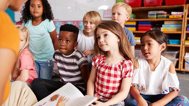 Eine Gruppe Grundschulkinder sitzt auf dem Boden, während ein Erwachsener etwas vorliest.