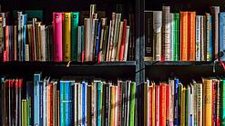 Ein Regal mit Schulbüchern.