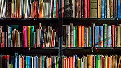 Ein Regal mit Schulbüchern.