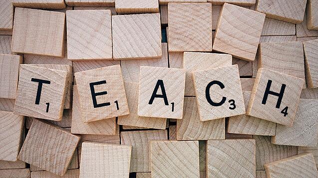 Buchstabenwürfen formen das Wort "Teach".