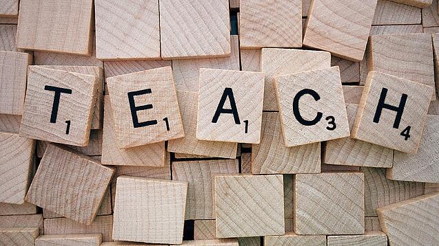 Buchstabenwürfen formen das Wort "Teach".