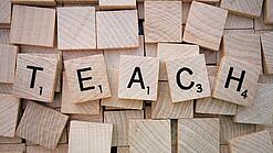 Buchstabenwürfen formen das Wort "Teach".