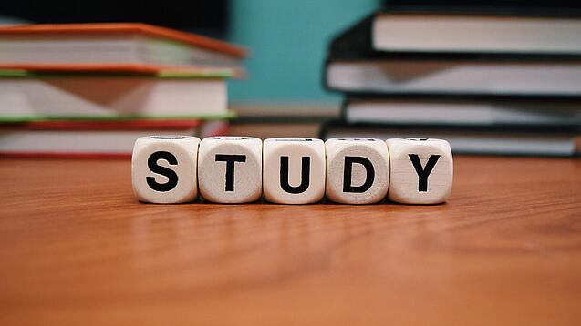 Buchstabenwürfel bilden das Wort "Study" auf einem Tisch.