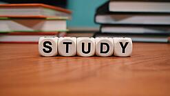 Buchstabenwürfel bilden das Wort "Study" auf einem Tisch.