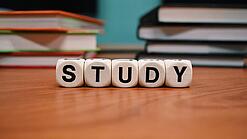 Buchstabenwürfel bilden das Wort "Study" auf einem Tisch.