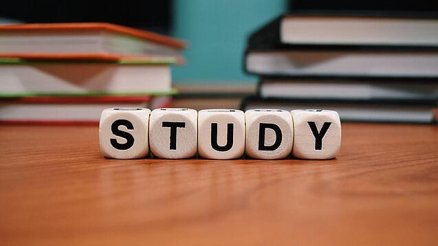 Buchstabenwürfel bilden das Wort "Study" auf einem Tisch.