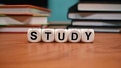 Buchstabenwürfel bilden das Wort "Study" auf einem Tisch.