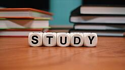 Buchstabenwürfel bilden das Wort "Study" auf einem Tisch.