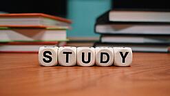 Buchstabenwürfel bilden das Wort "Study" auf einem Tisch.