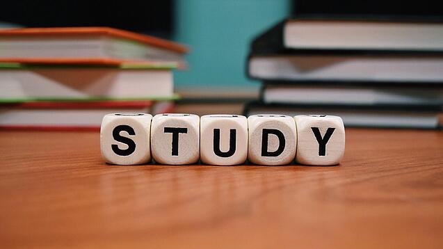 Buchstabenwürfel bilden das Wort "Study" auf einem Tisch.