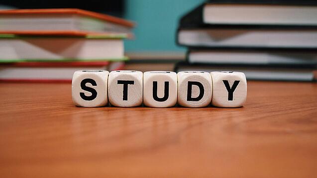Buchstabenwürfel bilden das Wort "Study" auf einem Tisch.