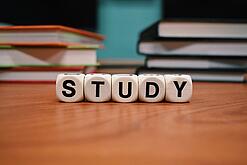 Buchstabenwürfel bilden das Wort "Study" auf einem Tisch.