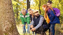 Vier Kinder und ein Erwachsener beobachten Pflanzen in der Natur.
