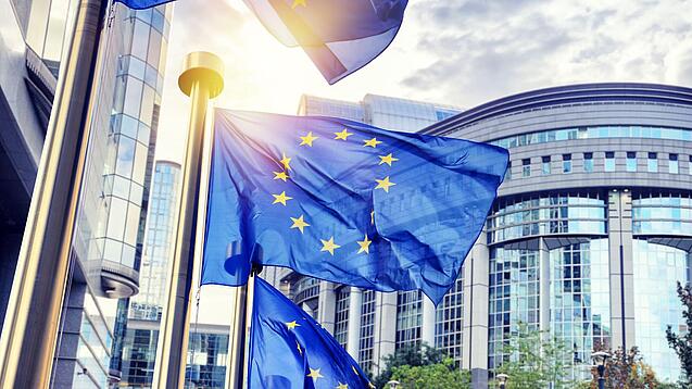 Wehende Europaflaggen vor dem Europaparlament in Brüssel.