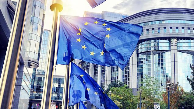 Wehende Europaflaggen vor dem Europaparlament in Brüssel.