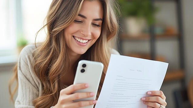 Junge Frau hält ein Smartphone und ein Blatt Papier in der Hand.