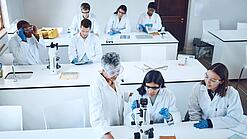 Gruppe Studierender und eine Dozentin in einem Chemiehörsaal vor Mikroskopen