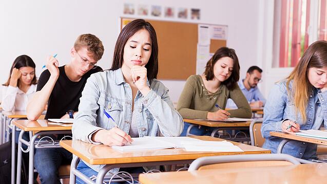 Mehrere Schülerinnen und Schüler sitzen an ihren Tischen in einem Klassenzimmer und arbeiten konzentriert in ihren Heften.