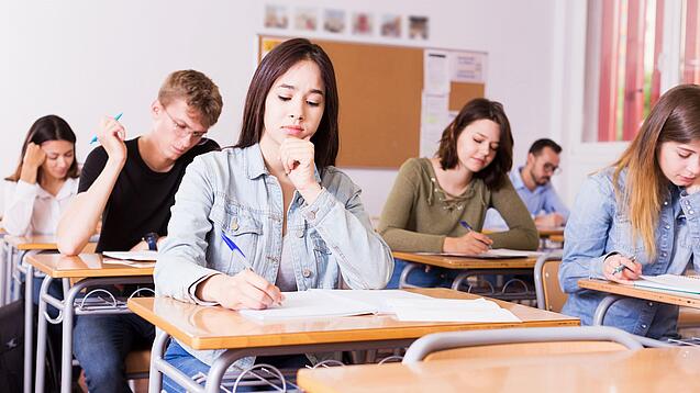 Mehrere Schülerinnen und Schüler sitzen an ihren Tischen in einem Klassenzimmer und arbeiten konzentriert in ihren Heften.