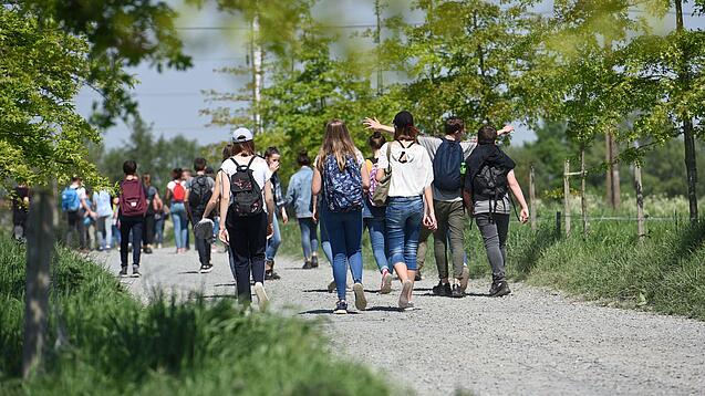 Schülerinnen und Schüler laufen über einen Weg durch die Natur.