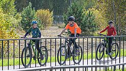 Drei Kinder fahren Fahrrad in der Natur.