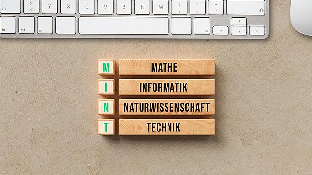 Schild, das den Begriff MINT erklärt: Mathe, Inforamtik, Naturwissenschaft, Technik.