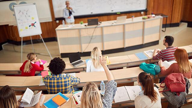 Mehrere Studierende sitzen in einem Hörsaal und schauen zur Professorin nach vorne, ein Studentin meldet sich.