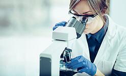 Eine Wissenschaftlerin schaut in ein Mikroskop.