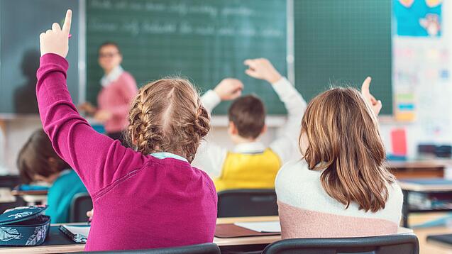 Blick von hinten auf eine Schulklasse, in der sich mehrere Kinder melden; eine Lehrerin steht an der Tafel.