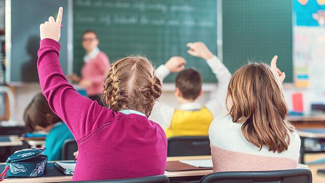 Blick von hinten auf eine Schulklasse, in der sich mehrere Kinder melden; eine Lehrerin steht an der Tafel.