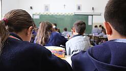 Schüler:innen sitzen in einem Klassenraum und schauen auf eine Tafel.