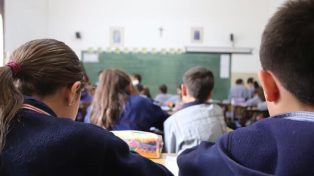 Schüler:innen sitzen in einem Klassenraum und schauen auf eine Tafel.