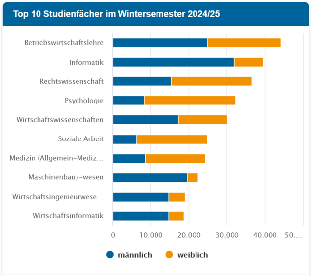 Übersicht der Top 10 Studienfächer im Wintersemeter 2024/2025 in NRW.