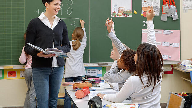 Eine Lehrerin steht vor einer Tafel, Schülerinnen melden sich.