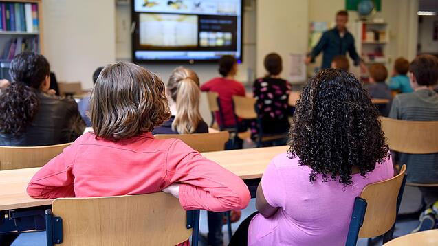 Kinder sitzen in einem Klassenraum und schauen auf ein digitales Whiteboard.