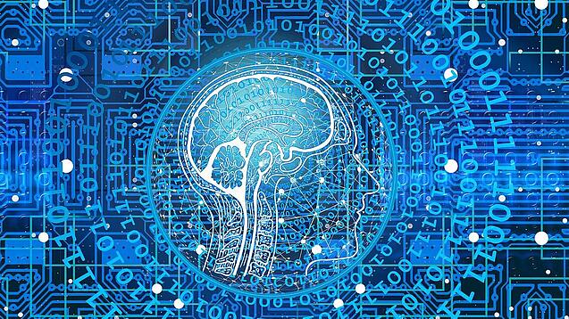 Eine futuristische und stilisierte Darstellung eines Gehirns mit Schaltkreisen und Binärcode im Hintergrund.