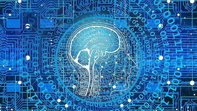 Eine futuristische und stilisierte Darstellung eines Gehirns mit Schaltkreisen und Binärcode im Hintergrund.