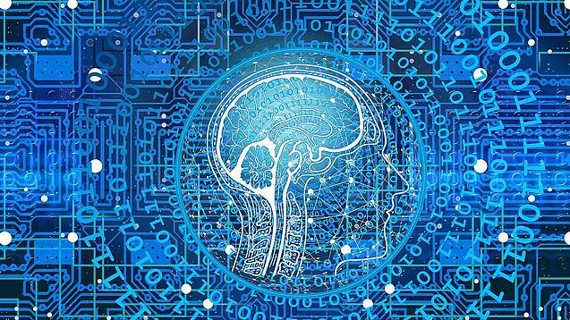 Eine futuristische und stilisierte Darstellung eines Gehirns mit Schaltkreisen und Binärcode im Hintergrund.
