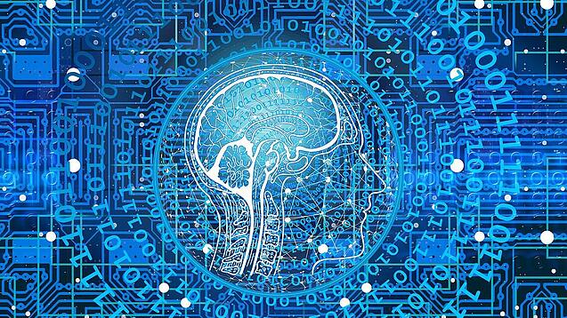 Eine futuristische und stilisierte Darstellung eines Gehirns mit Schaltkreisen und Binärcode im Hintergrund.