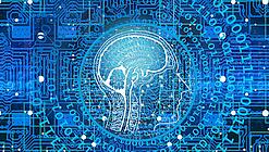 Eine futuristische und stilisierte Darstellung eines Gehirns mit Schaltkreisen und Binärcode im Hintergrund.