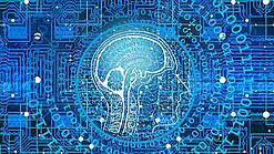Eine futuristische und stilisierte Darstellung eines Gehirns mit Schaltkreisen und Binärcode im Hintergrund.