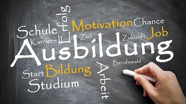 Auf einer Tafel sind verschiedene Wörter um das Wort "Ausbildung" gekritzelt, z. B. Arbeit, Studium, Motivation usw.