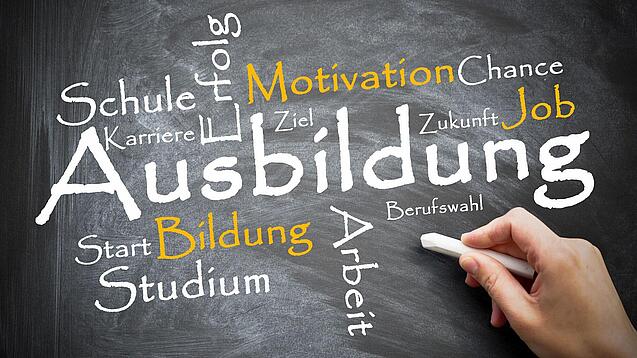 Auf einer Tafel sind verschiedene Wörter um das Wort "Ausbildung" gekritzelt, z. B. Arbeit, Studium, Motivation usw.