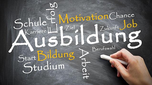 Auf einer Tafel sind verschiedene Wörter um das Wort "Ausbildung" gekritzelt, z. B. Arbeit, Studium, Motivation usw.